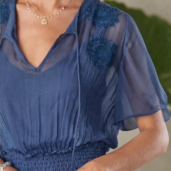 Sundance Led By Dreams Dress Blue Embroidered Floral Sheer XL Boho Old Money - Picture 12 of 12